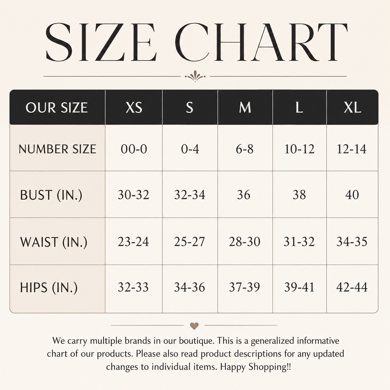 Dream Stitch size chart